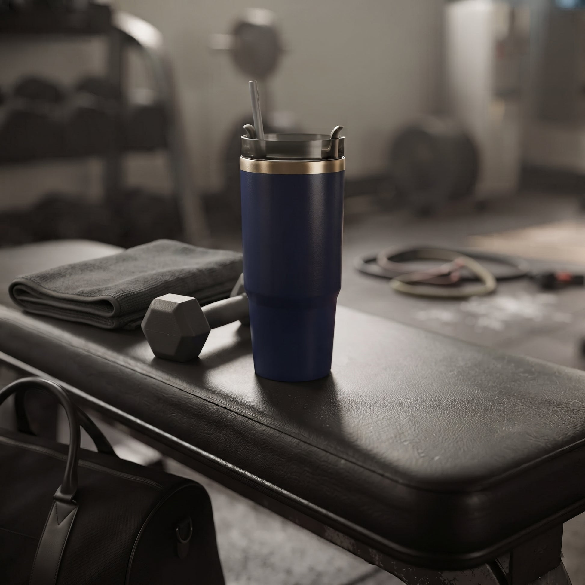 Navy 30 oz stainless steel tumbler with straw, featuring a compact handle-free design for keeping drinks hot or cold on the go.
