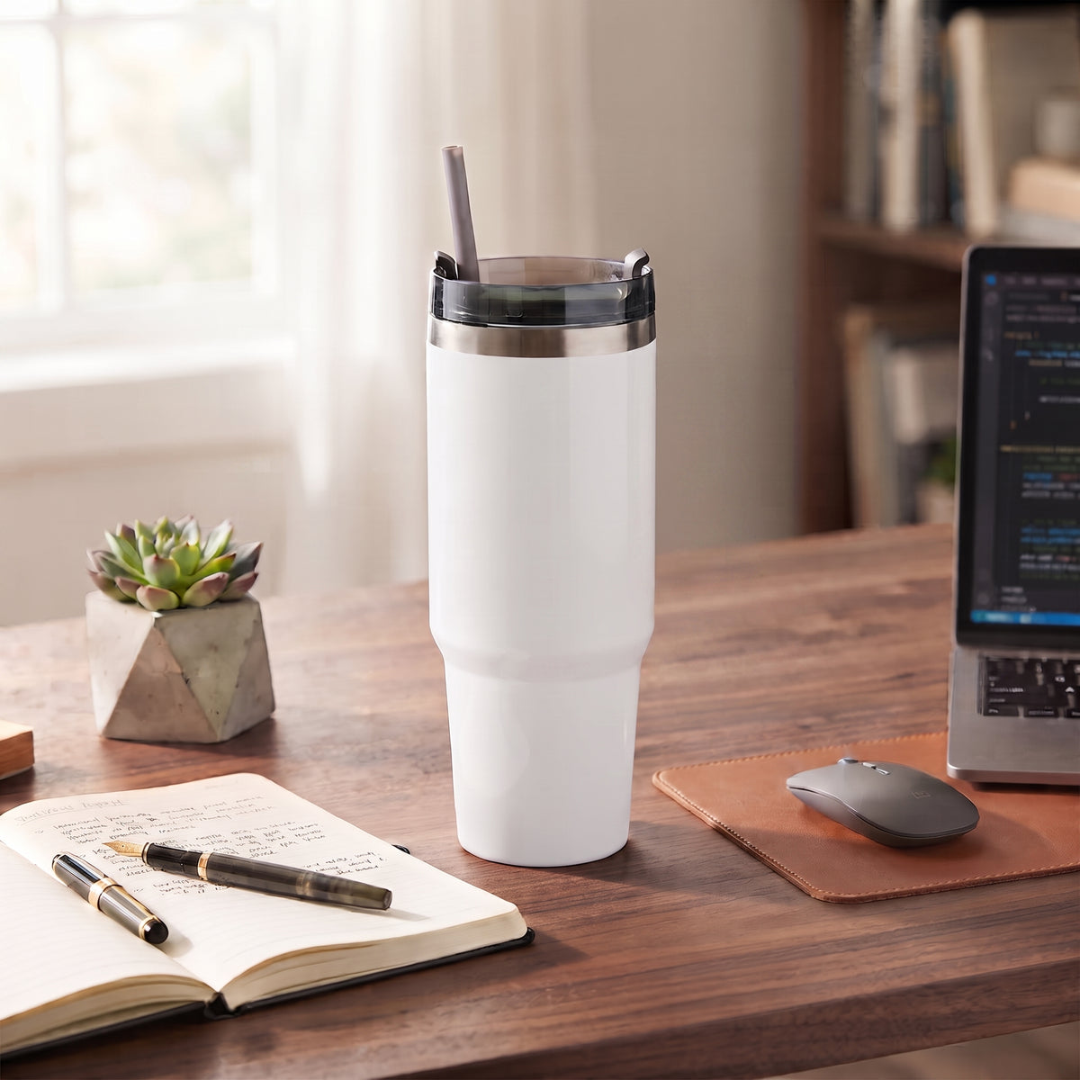 White 20 oz stainless steel tumbler with straw, featuring a compact design for keeping drinks hot or cold on the go.
