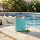 Aqua 12 oz stainless steel travel mug with handle, vacuum insulation, and leak-proof push-pull lid for hot or cold drinks on the go.

