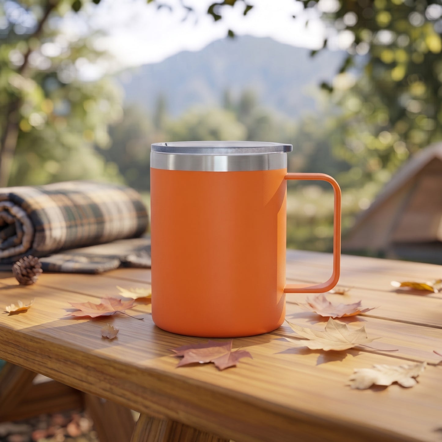 Orange 12 oz stainless steel travel mug with handle, vacuum insulation, and leak-proof push-pull lid for hot or cold drinks on the go.
