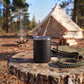 Black 12 oz stainless steel travel mug with handle, vacuum insulation, and leak-proof push-pull lid for hot or cold drinks on the go.
