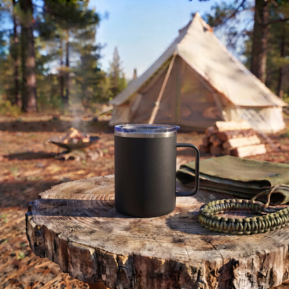 Black 12 oz stainless steel travel mug with handle, vacuum insulation, and leak-proof push-pull lid for hot or cold drinks on the go.
