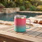 Hot pink and blue 12 oz stainless steel travel mug with handle, vacuum insulation, and leak-proof push-pull lid for hot or cold drinks on the go.

