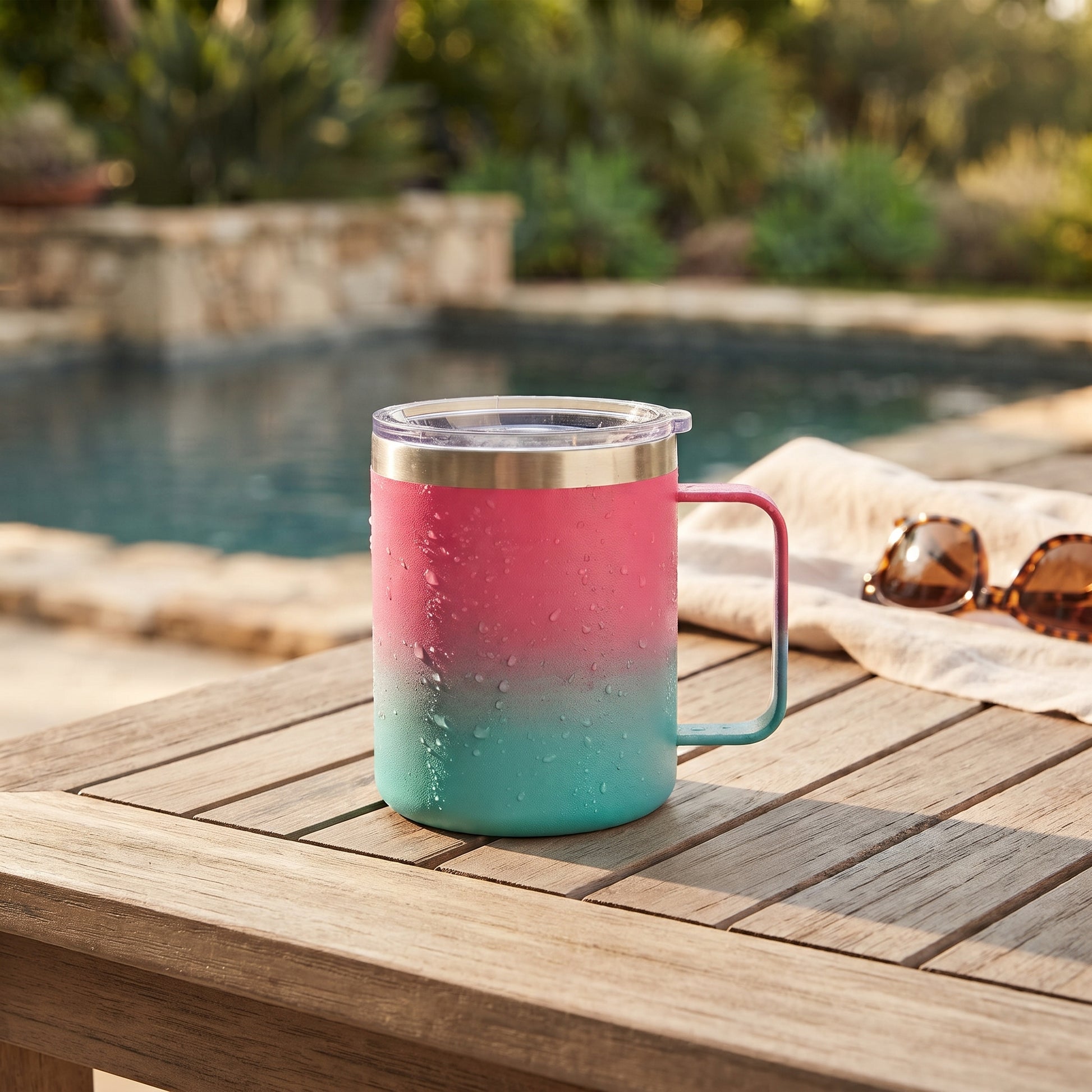 Hot pink and blue 12 oz stainless steel travel mug with handle, vacuum insulation, and leak-proof push-pull lid for hot or cold drinks on the go.
