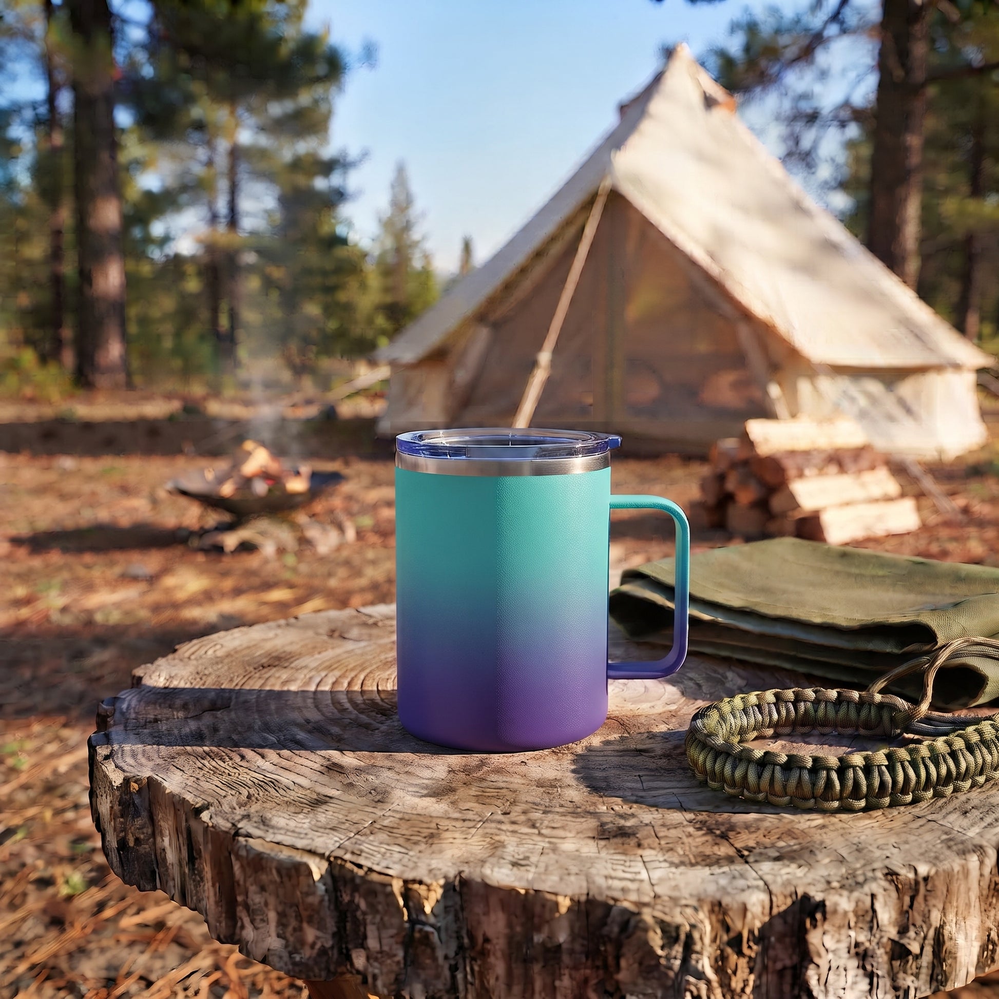 Blue and purple 12 oz stainless steel travel mug with handle, vacuum insulation, and leak-proof push-pull lid for hot or cold drinks on the go.
