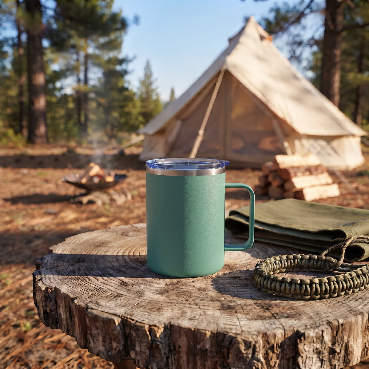 Green 12 oz stainless steel travel mug with handle, vacuum insulation, and leak-proof push-pull lid for hot or cold drinks on the go.
