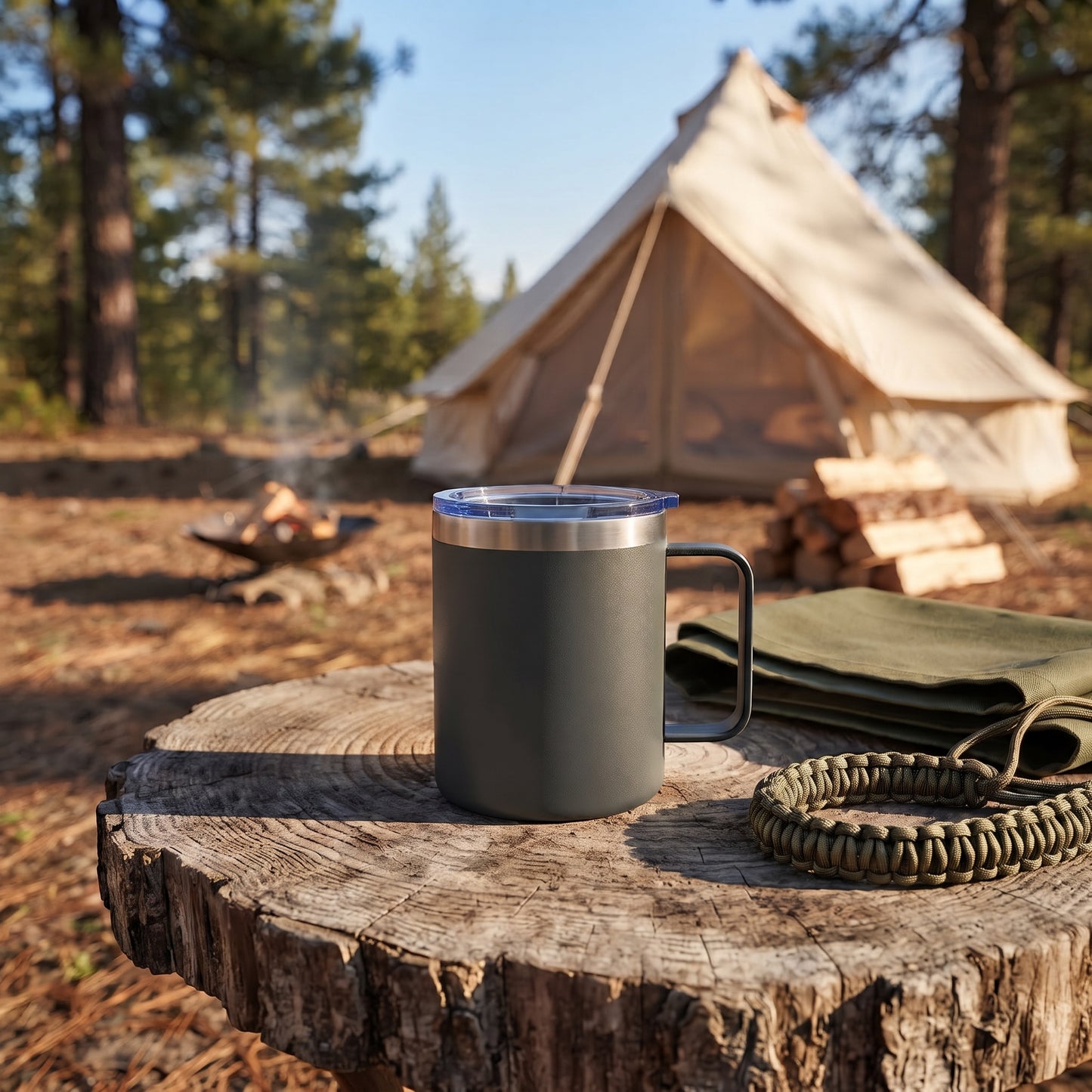 Grey 12 oz stainless steel travel mug with handle, vacuum insulation, and leak-proof push-pull lid for hot or cold drinks on the go.
