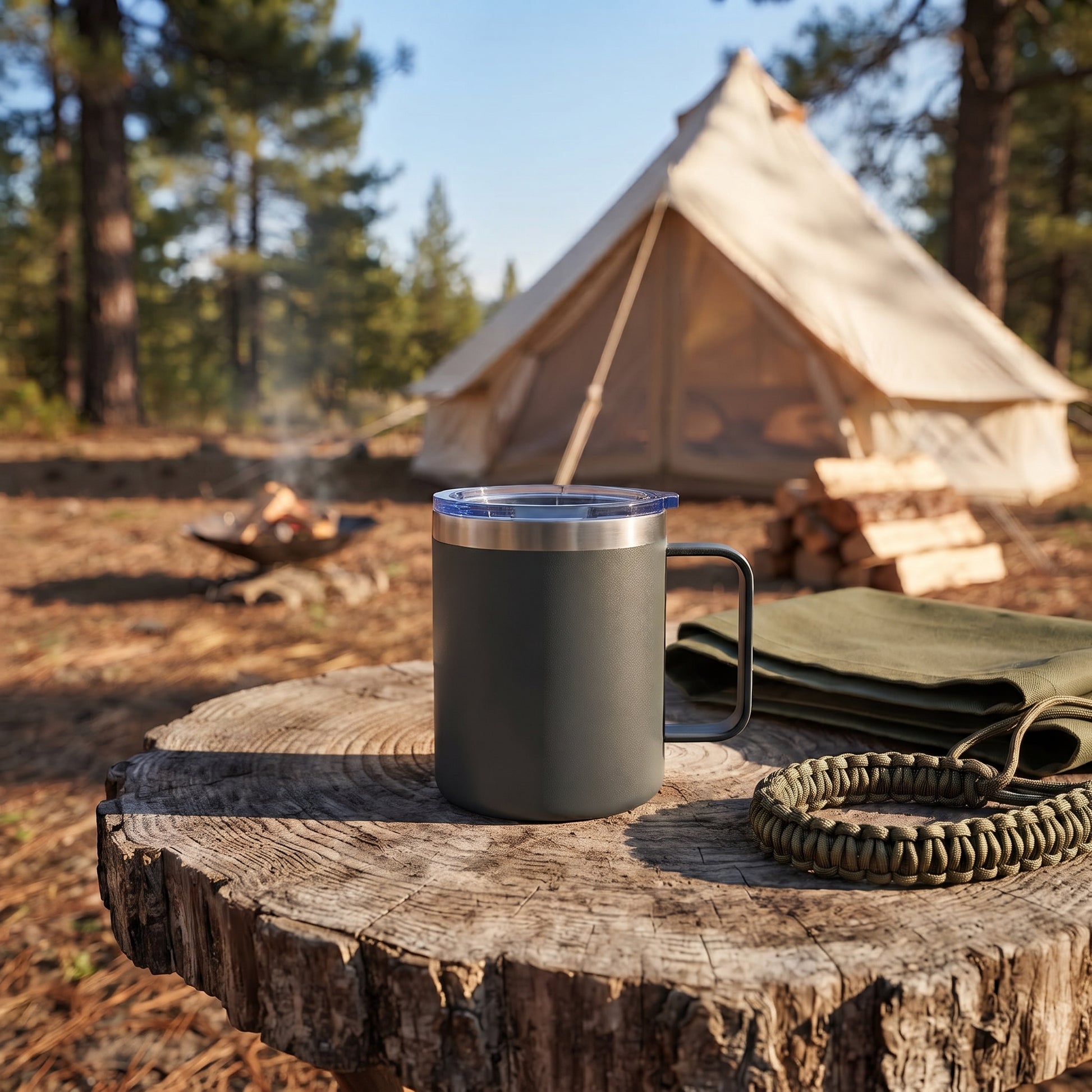 Grey 12 oz stainless steel travel mug with handle, vacuum insulation, and leak-proof push-pull lid for hot or cold drinks on the go.
