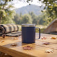 Navy 12 oz stainless steel travel mug with handle, vacuum insulation, and leak-proof push-pull lid for hot or cold drinks on the go.
