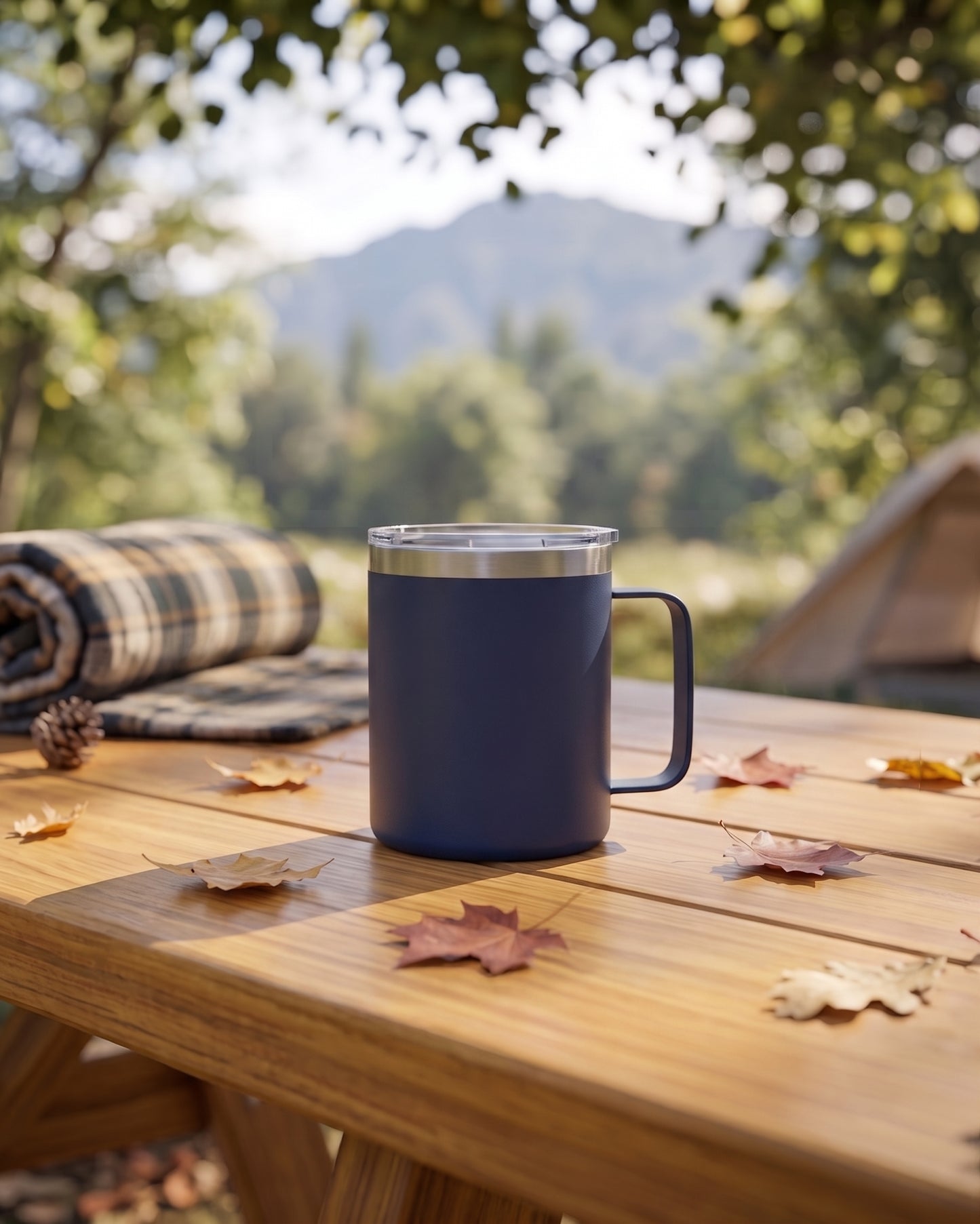 Navy 12 oz stainless steel travel mug with handle, vacuum insulation, and leak-proof push-pull lid for hot or cold drinks on the go.

