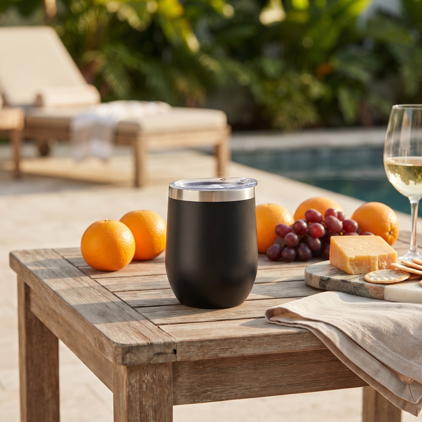 Black 12 oz stainless steel stemless wine tumbler with a compact design for keeping wine or other drinks hot or cold on the go.
