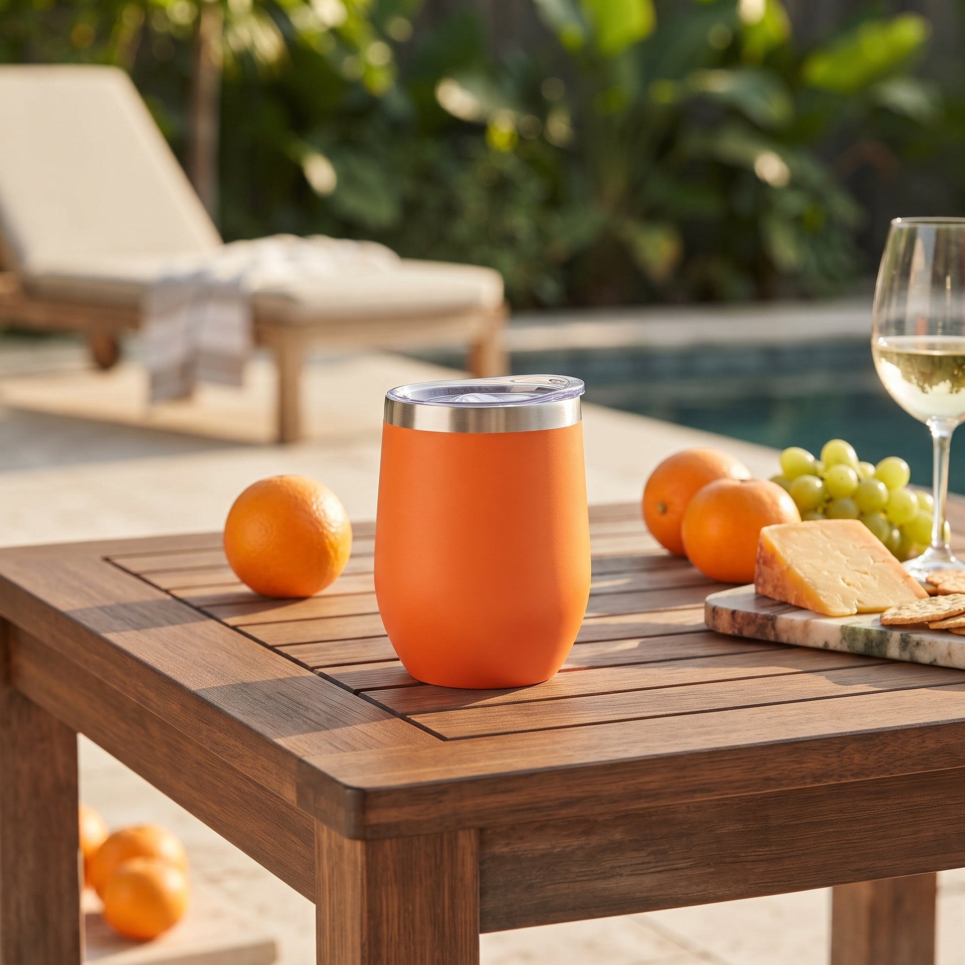 Orange 12 oz stainless steel stemless wine tumbler with a compact design for keeping wine or other drinks hot or cold on the go.
