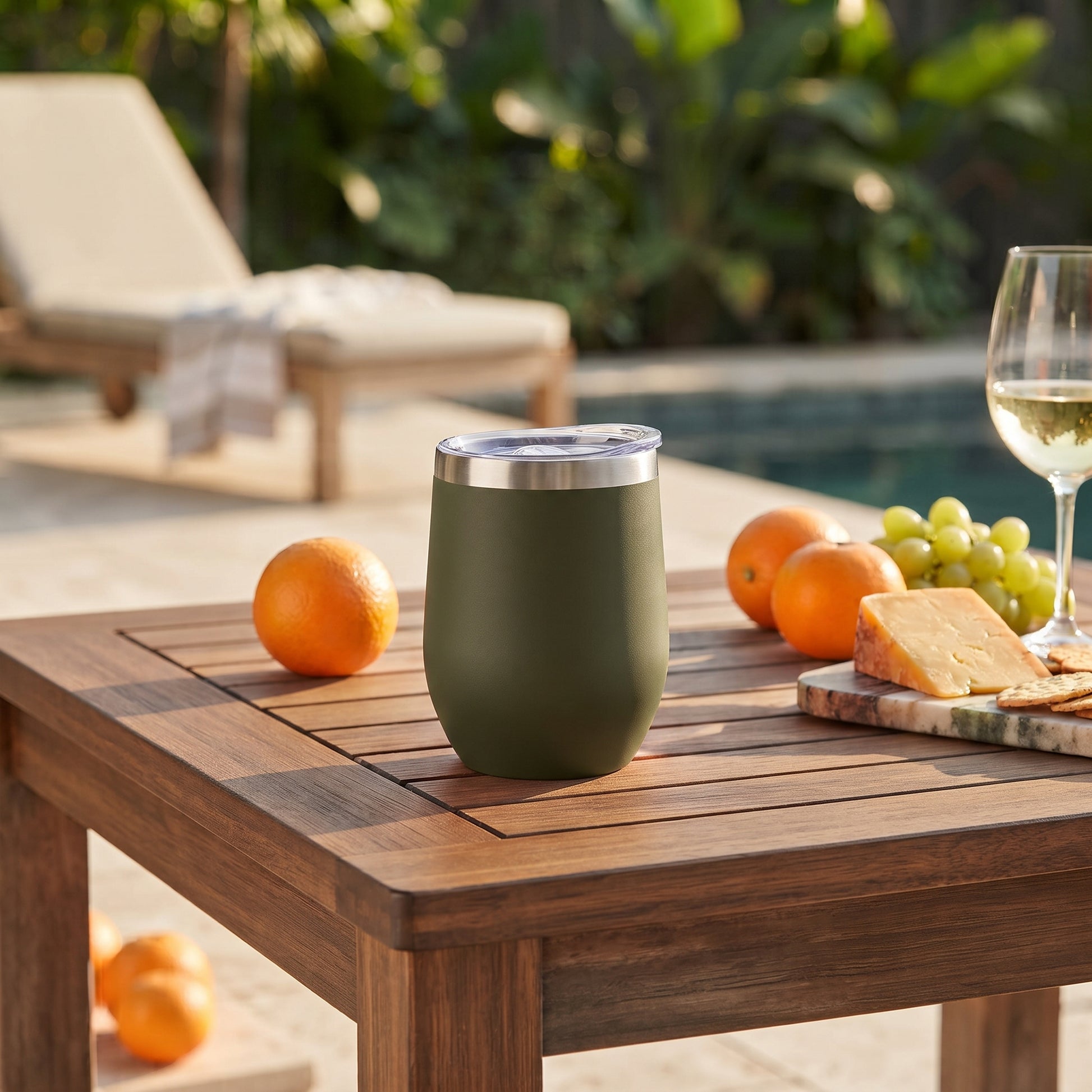Olive 12 oz stainless steel stemless wine tumbler with a compact design for keeping wine or other drinks hot or cold on the go.
