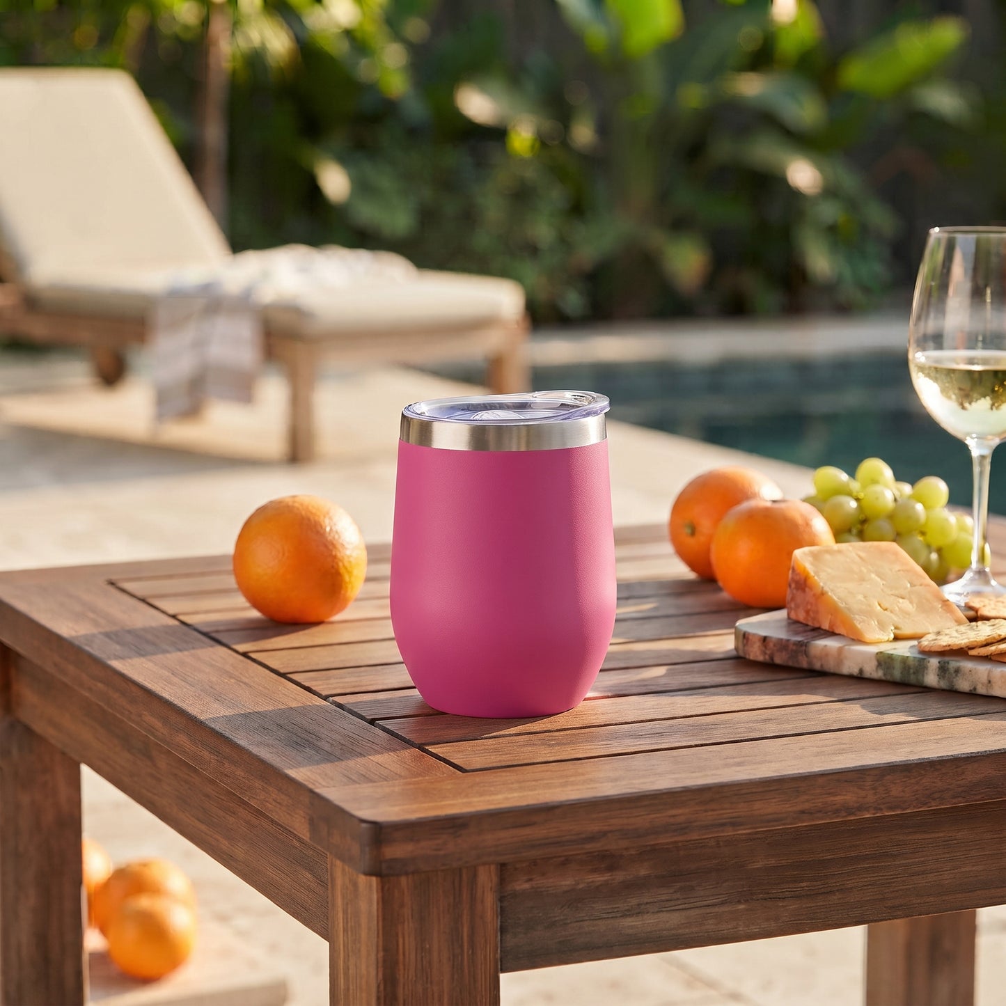 Hot pink 12 oz stainless steel stemless wine tumbler with a compact design for keeping wine or other drinks hot or cold on the go.
