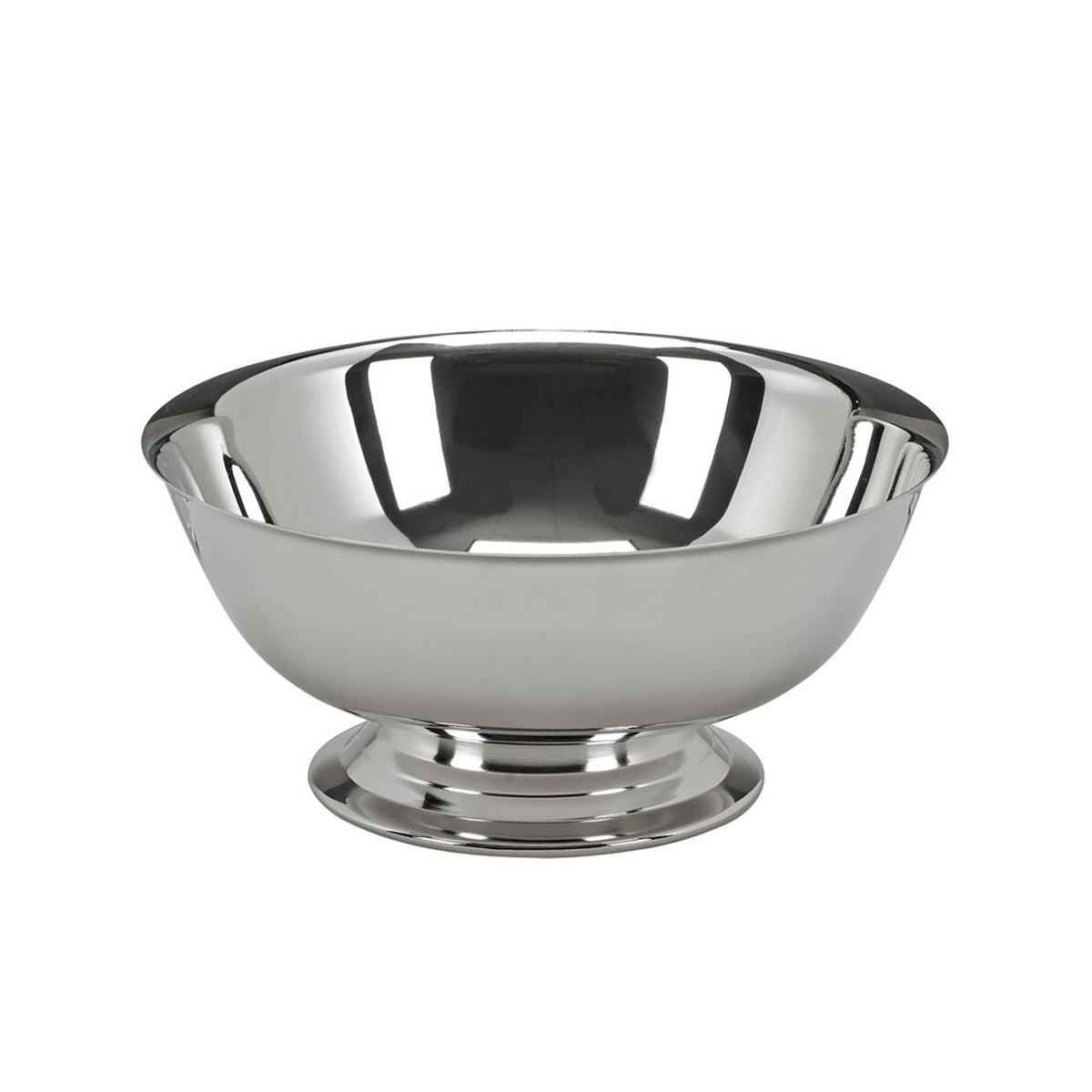 A classic silver-toned, non-tarnish 10" diameter Paul Revere style bowl with a polished finish.