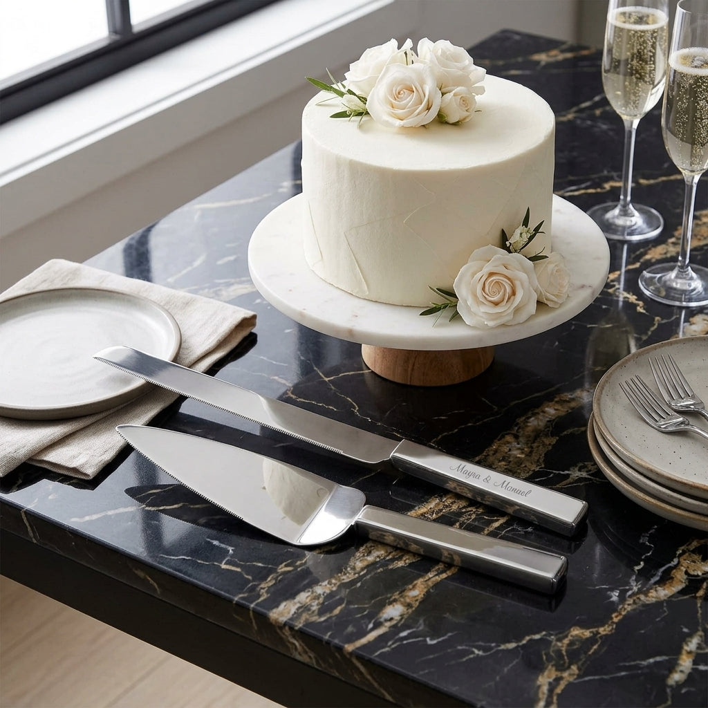 White enamel cake knife and server set with non-tarnish nickel-plated handles, featuring a 13-inch serrated knife and 11-inch serrated server in a silver keepsake gift box.