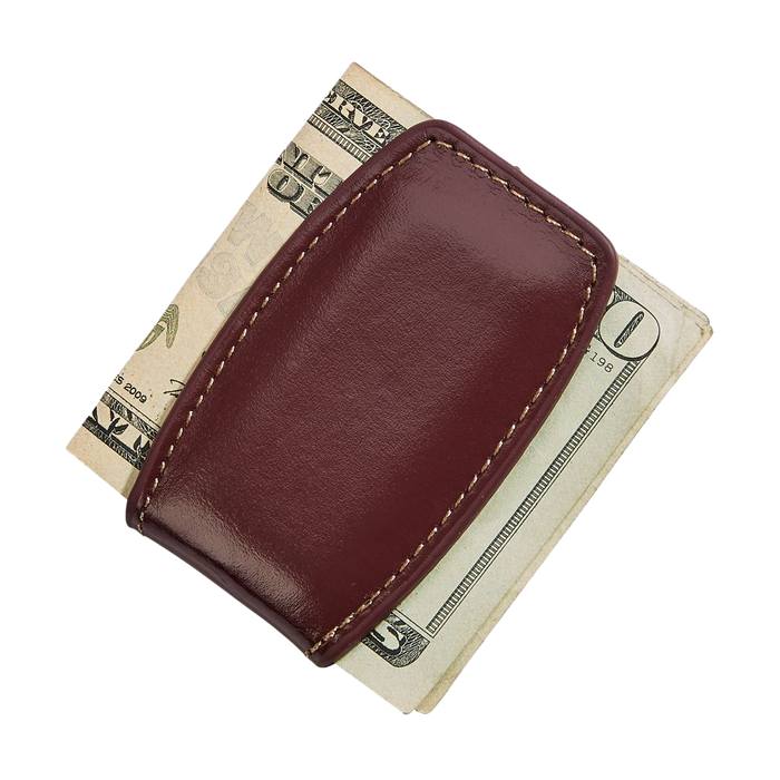 Brown leather money clip, compact minimalist accessory designed for securely holding folded bills and cards, featuring a sleek, durable leather finish for everyday carry.