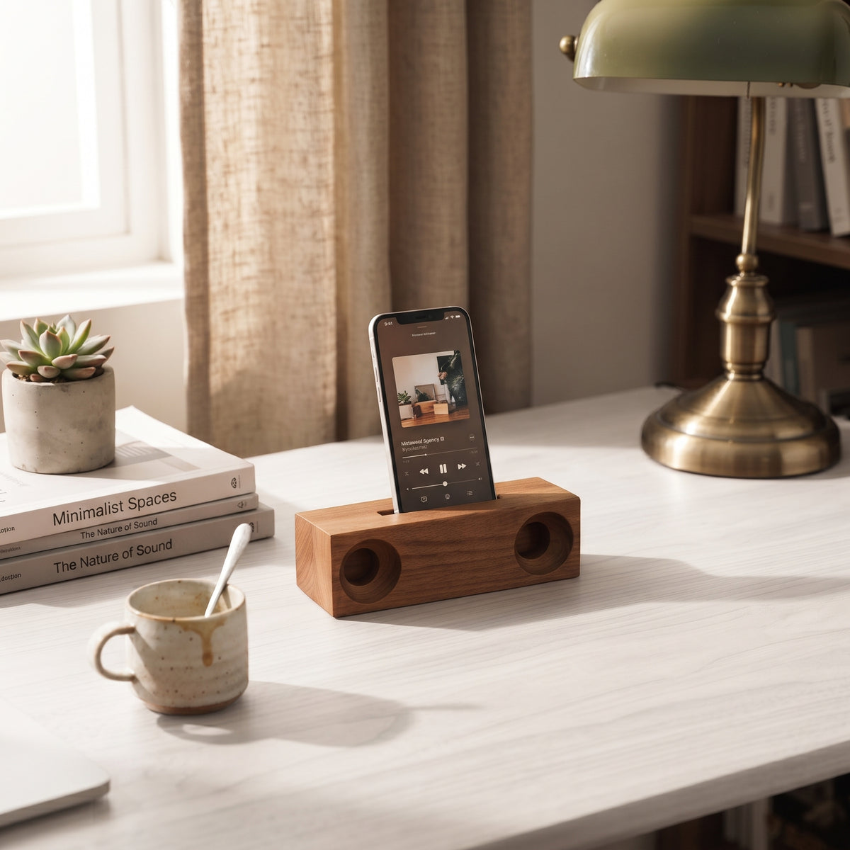 Beechwood phone amplifier and holder measuring approximately 6.75 x 2 inches, featuring a modern wooden design that passively amplifies phone audio and provides a comfortable viewing angle.