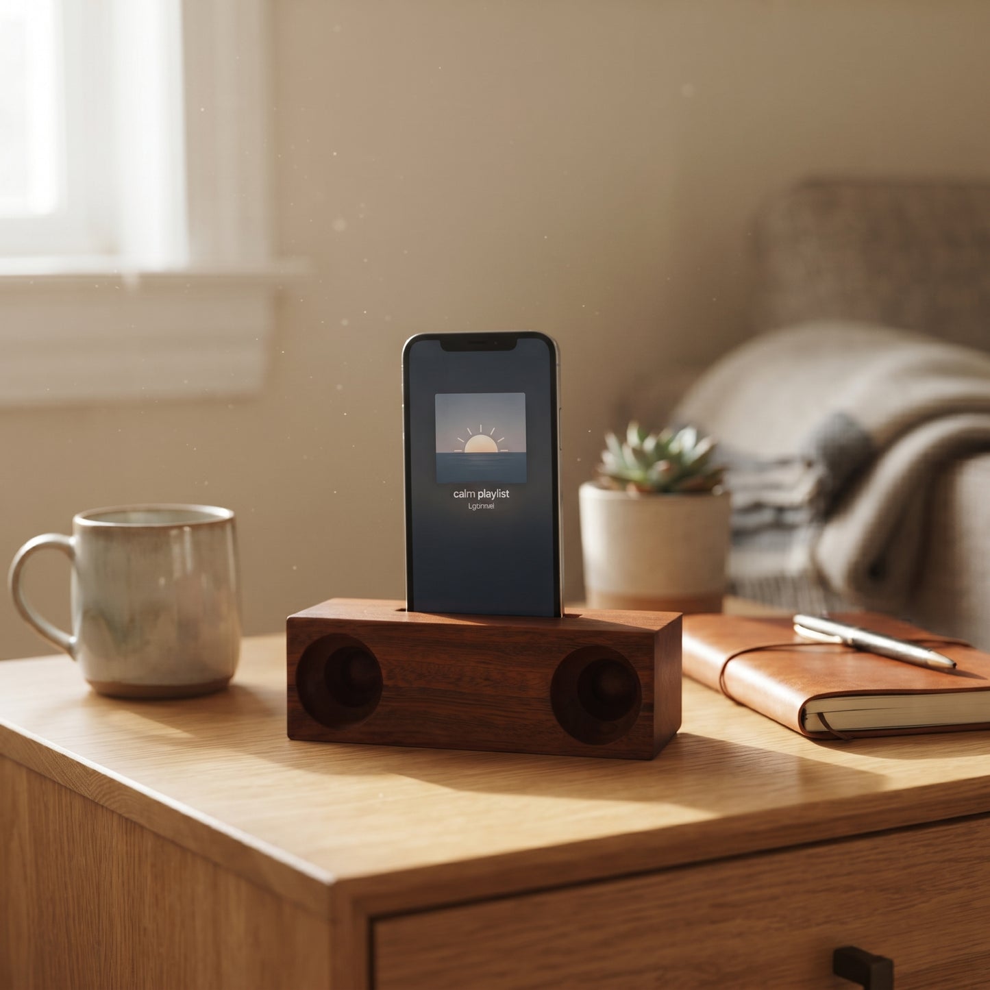 Ebony wood amplifier and phone holder, 6.75 x 2 inches, with a modern design and sturdy construction. Passively amplifies phone audio and provides an ergonomic viewing angle.
