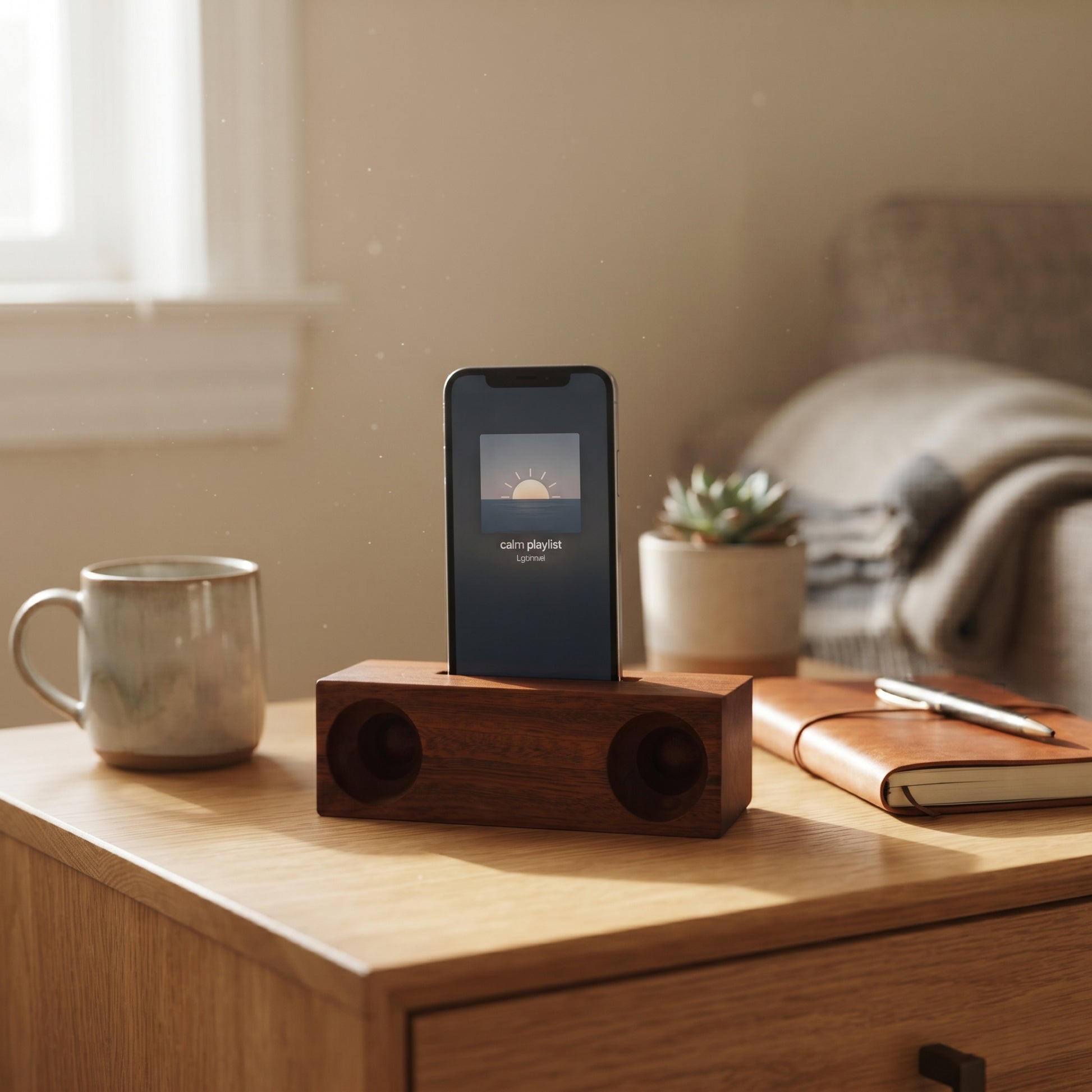 Ebony wood amplifier and phone holder, 6.75 x 2 inches, with a modern design and sturdy construction. Passively amplifies phone audio and provides an ergonomic viewing angle.
