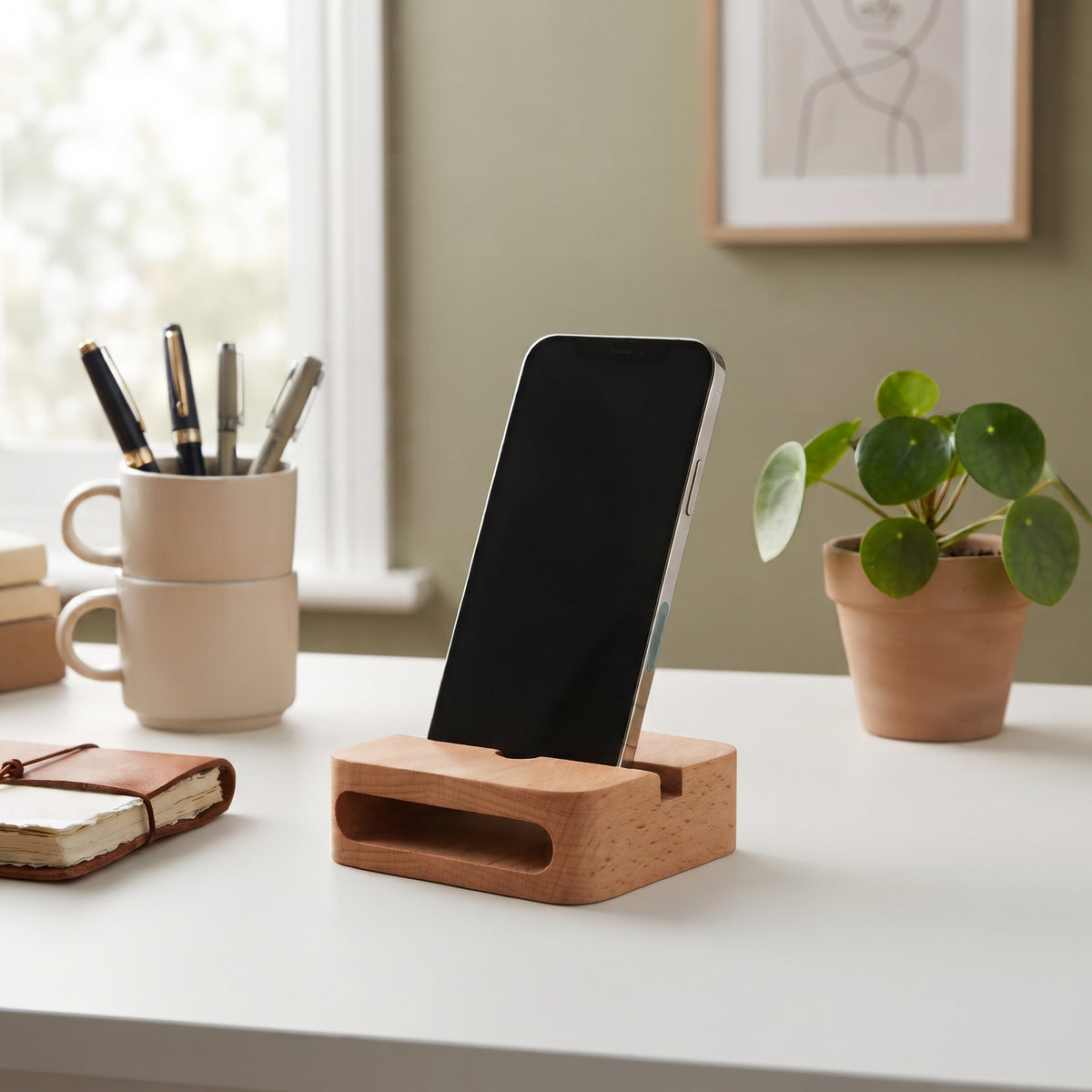 Beechwood square phone amplifier with oval opening, featuring a compact natural wood design that boosts phone audio without batteries.
