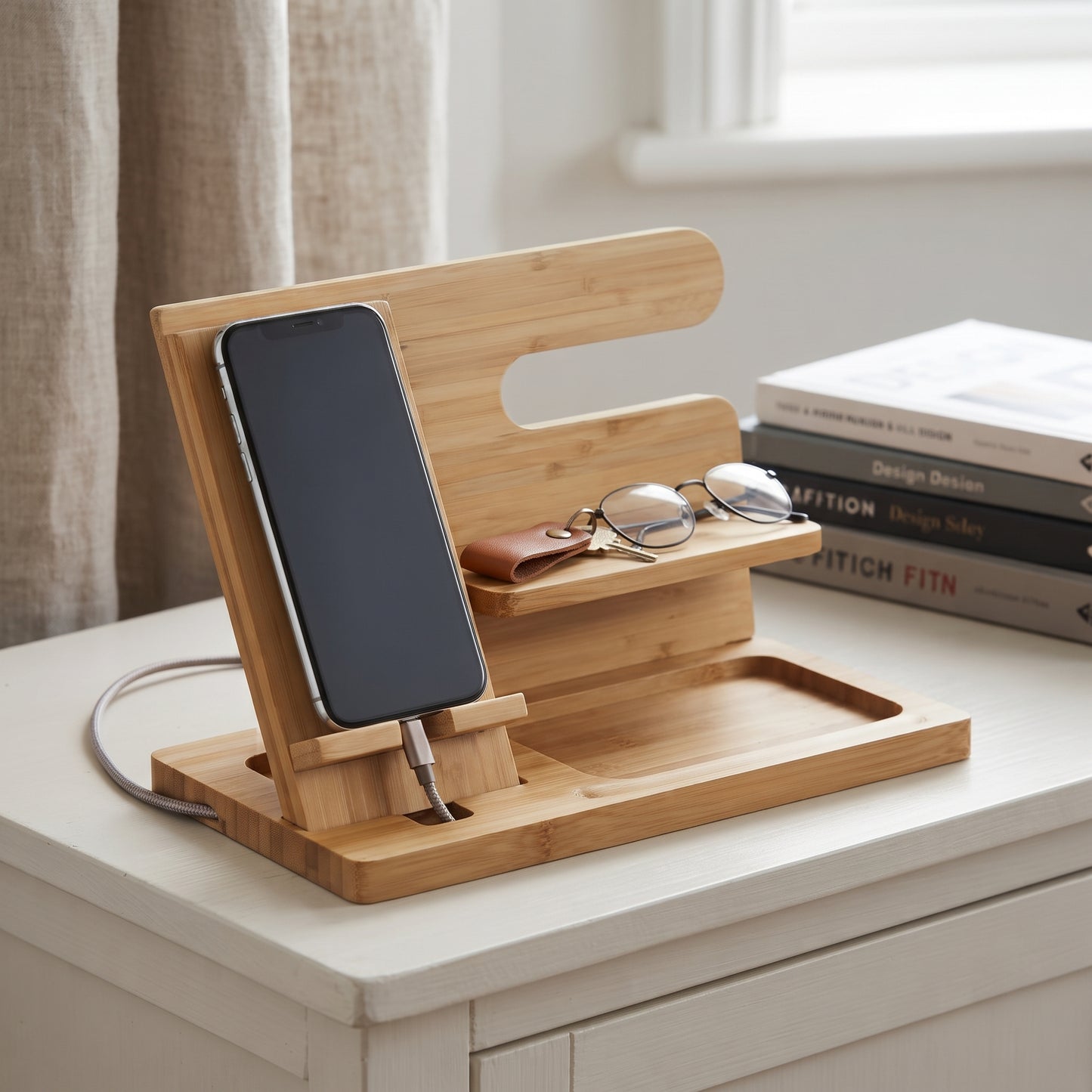 Light wood charging shelf and valet organizer with spaces for a phone, watch, glasses, and cards, featuring a compact bamboo design for charging and organizing essentials.
