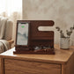 Dark wood charging shelf and valet, 7.5 inches x 5.75 inches x 10.25 inches, with designated spaces for a phone, watches, glasses, cards, and other essentials. Features adjustable storage and charging functionality.
