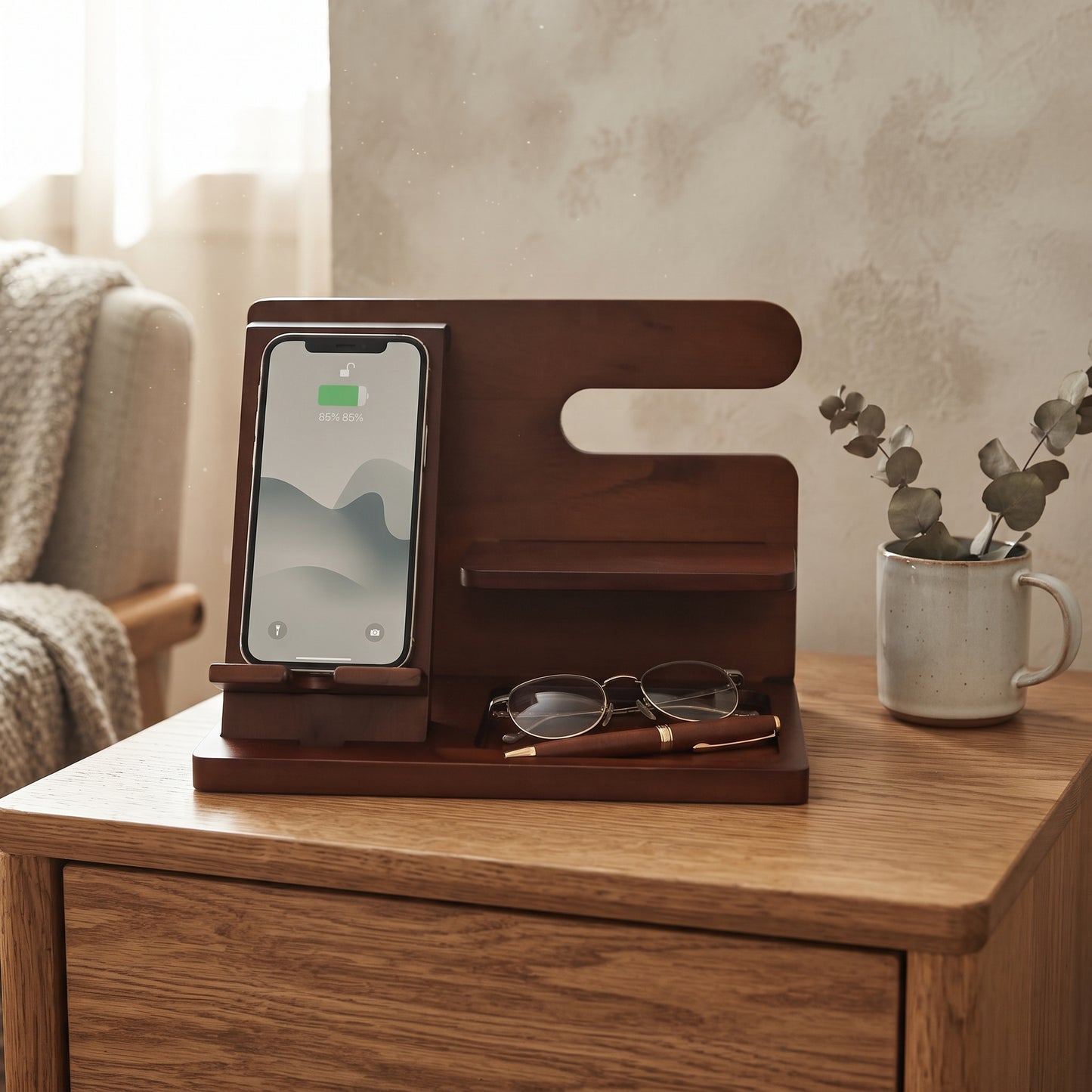 Dark wood charging shelf and valet, 7.5 inches x 5.75 inches x 10.25 inches, with designated spaces for a phone, watches, glasses, cards, and other essentials. Features adjustable storage and charging functionality.
