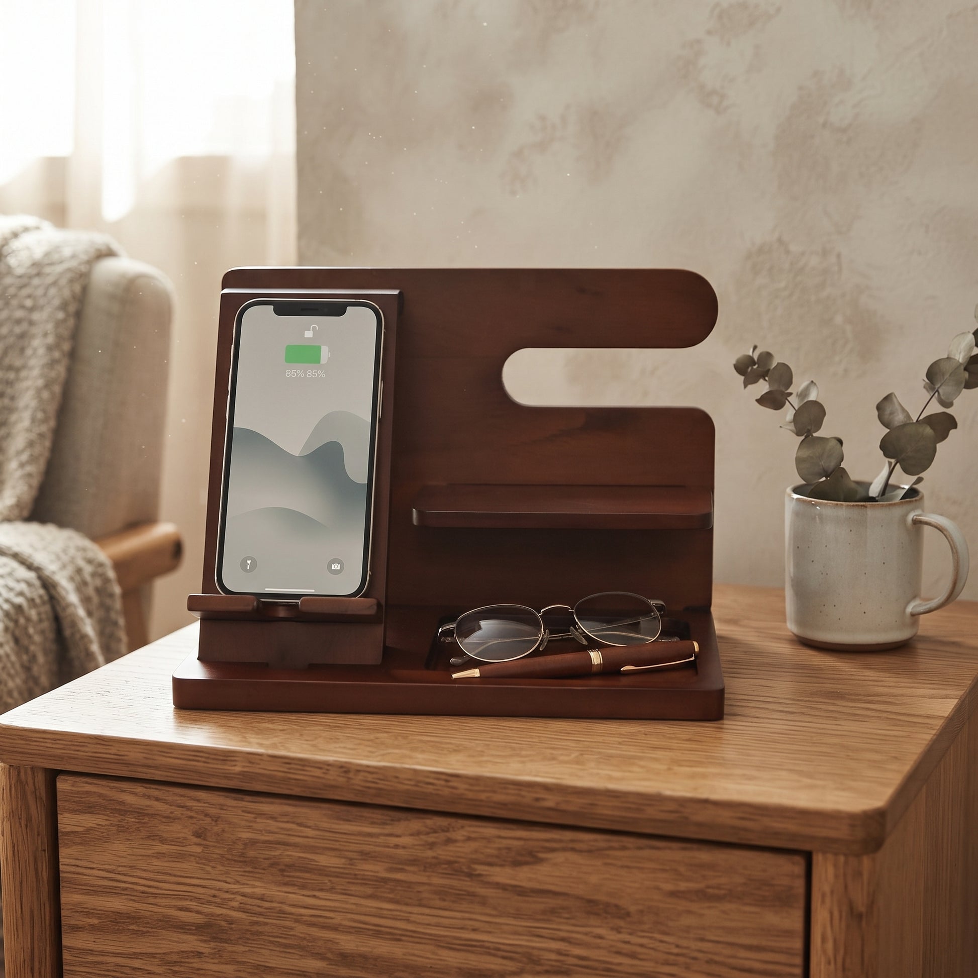 Dark wood charging shelf and valet, 7.5 inches x 5.75 inches x 10.25 inches, with designated spaces for a phone, watches, glasses, cards, and other essentials. Features adjustable storage and charging functionality.
