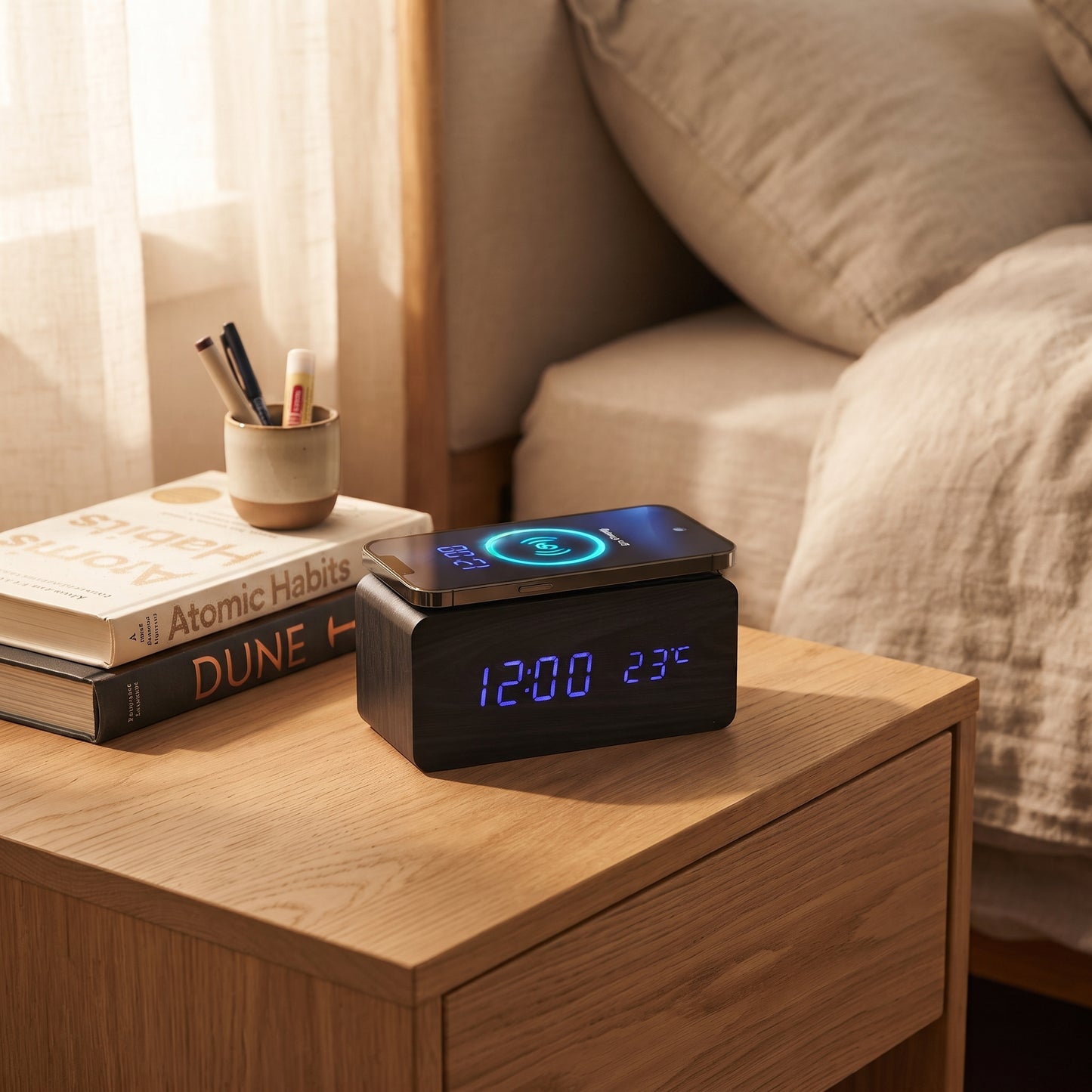 Black wireless phone charger and digital clock measuring approximately 7.28 x 3.43 x 3.35 inches, featuring an LED time, date, and temperature display, adjustable brightness, alarm settings, and a smooth bamboo design.