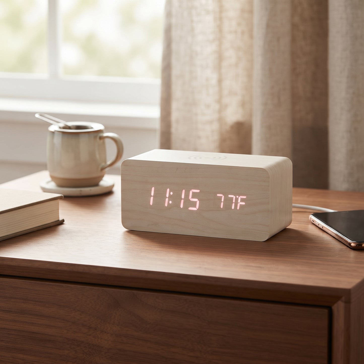 White wood wireless phone charger and digital alarm clock with LED time, date, and temperature display, made from smooth bamboo with up to three alarms.

