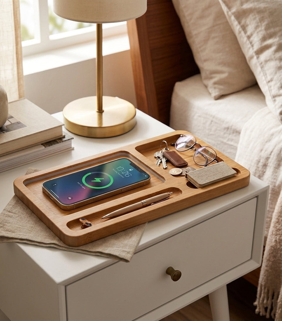 Bamboo Wireless Phone Charging Valet, 10.5 inches long x 5.75 inches wide, made from natural bamboo, featuring a sleek wireless charging surface, ideal for desks or nightstands and keeping devices organized.
