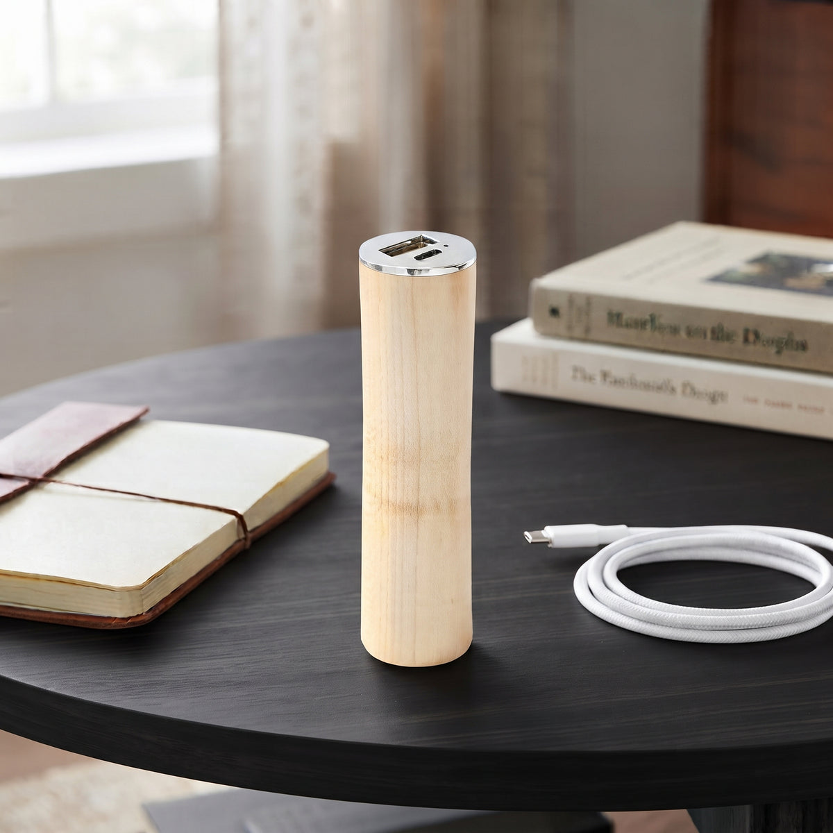 Round tube maple wood power bank charger, 2200 mAh, with a compact 4.125-inch design for portable charging of smartphones and other devices.
