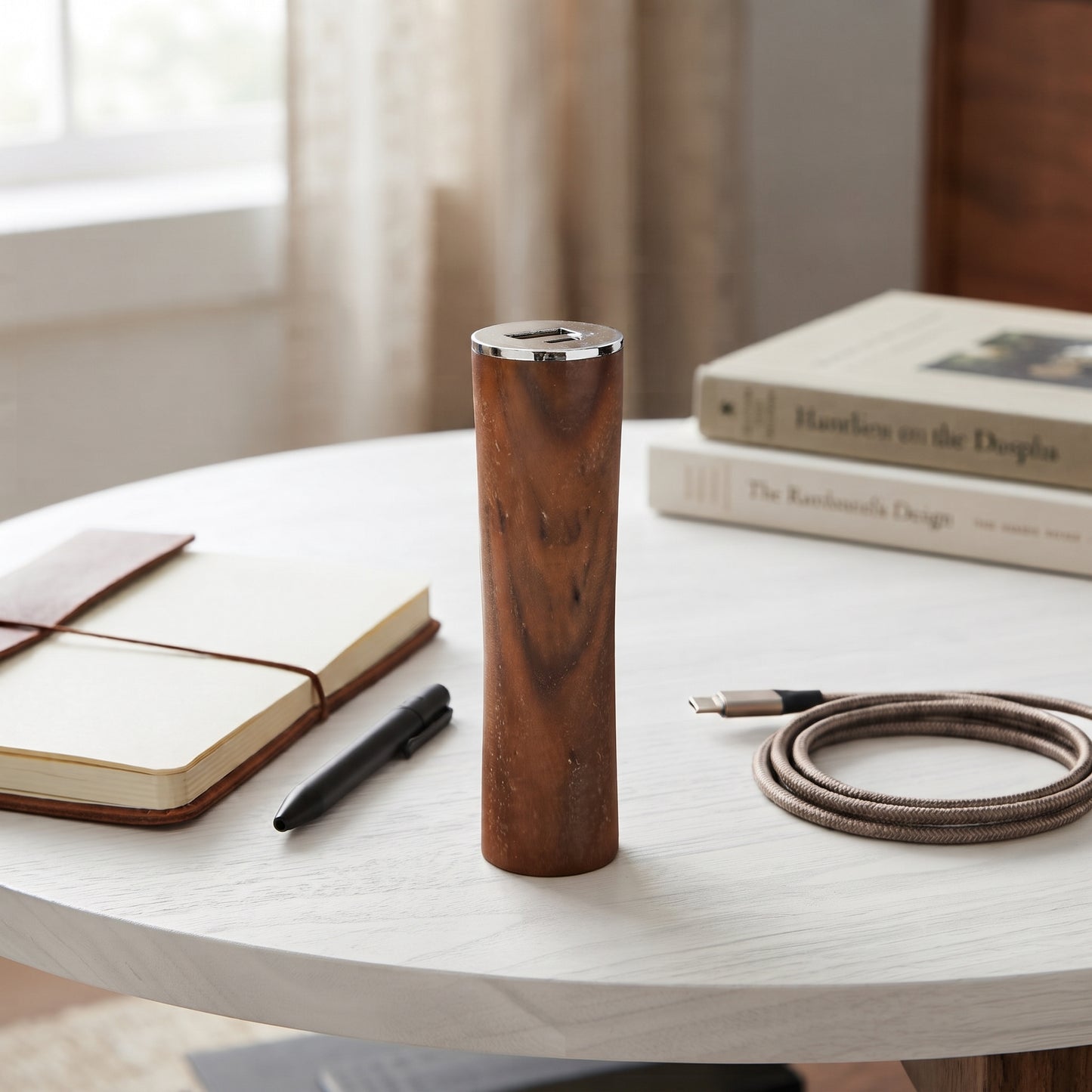 Round tube walnut wood power bank charger, 2200 mAh, with a compact 4.125-inch design for portable charging of smartphones and other devices.
