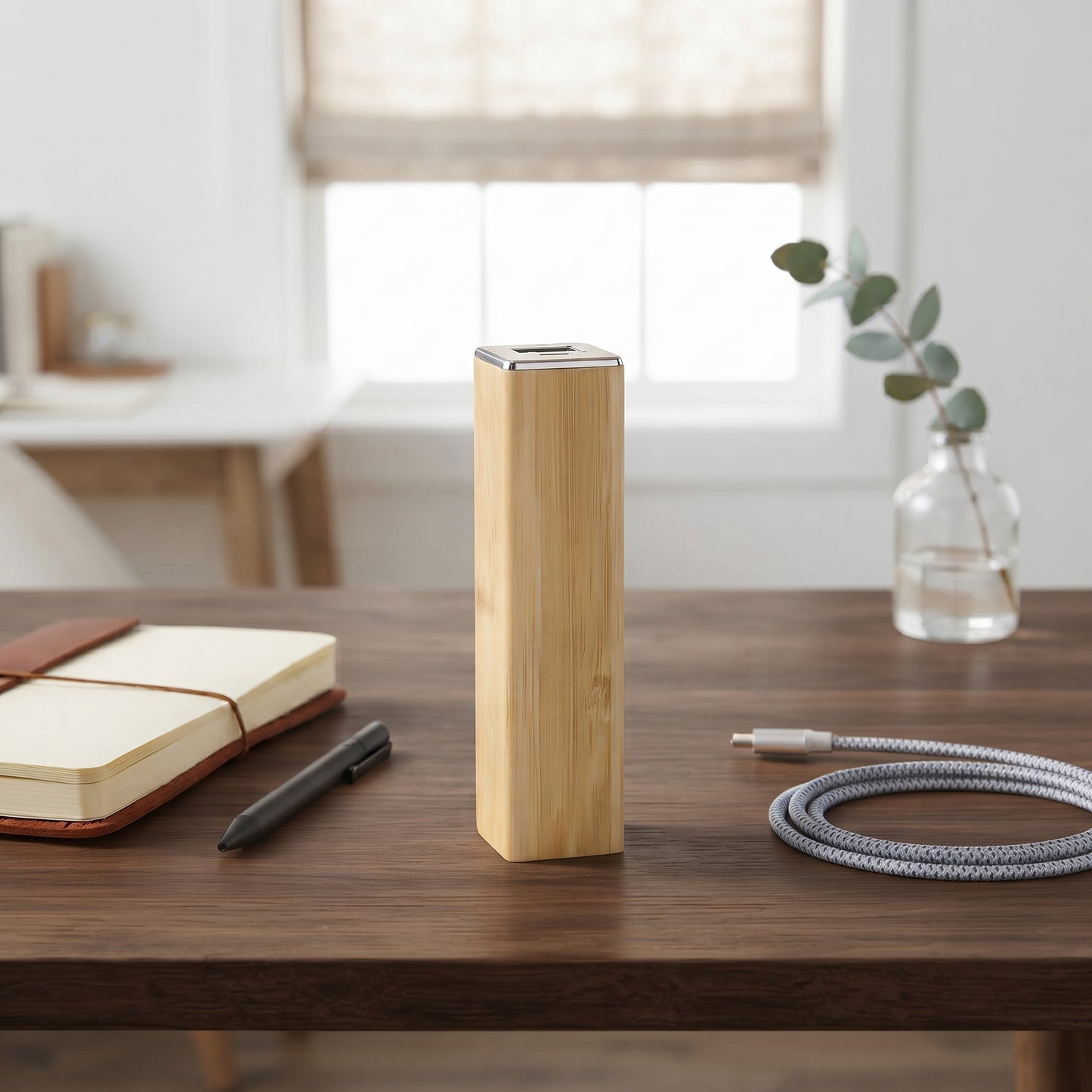 Square tube bamboo power bank charger, 2200 mAh, with a compact 4-inch design for portable charging of smartphones and other devices.
