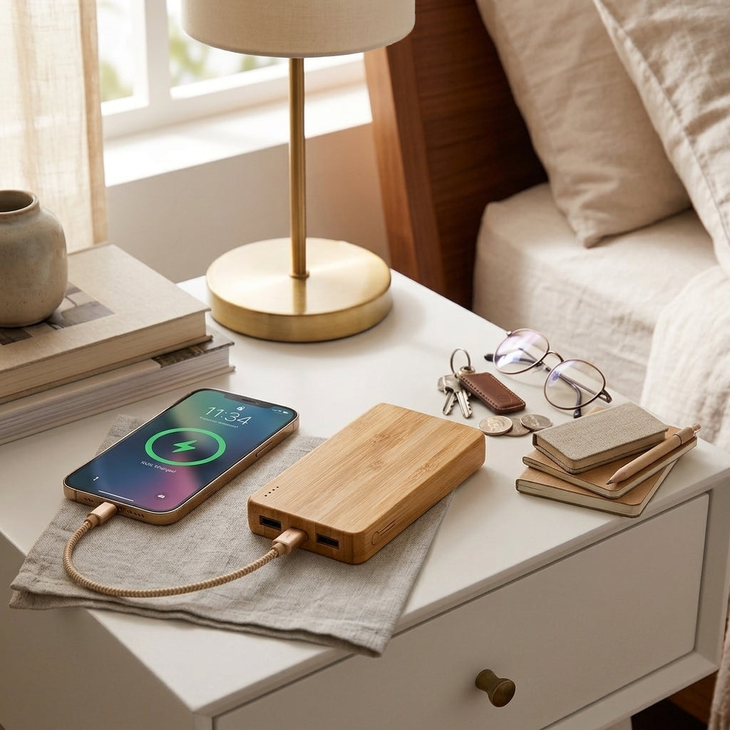Compact Bamboo Power Bank, 5 inches long x 2.5 inches wide x 1.625 inches high, made from bamboo with a USB port and LED indicators for portable charging.