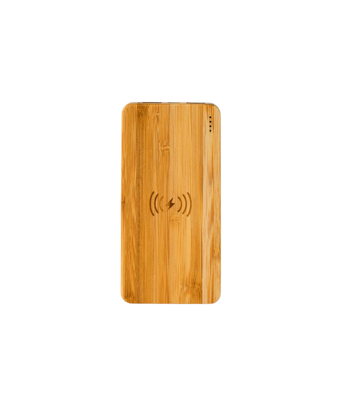 Rectangular bamboo wireless charger with a 10000mAh power bank, measuring 5.75 inch x 2.75 inch, ideal for desk accessories, corporate gifts, and everyday charging.
