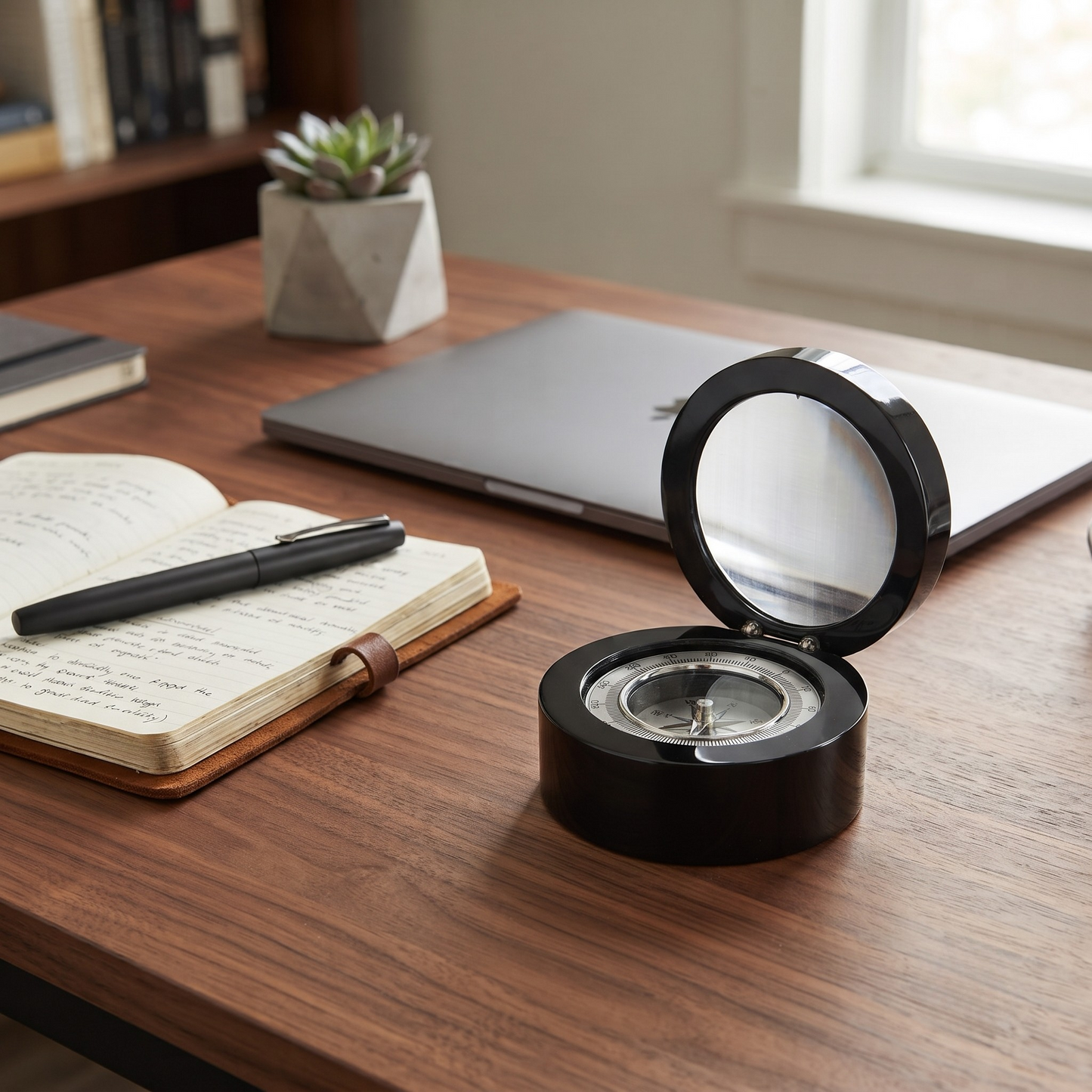 Black round wood box with silver compass, gift boxed.