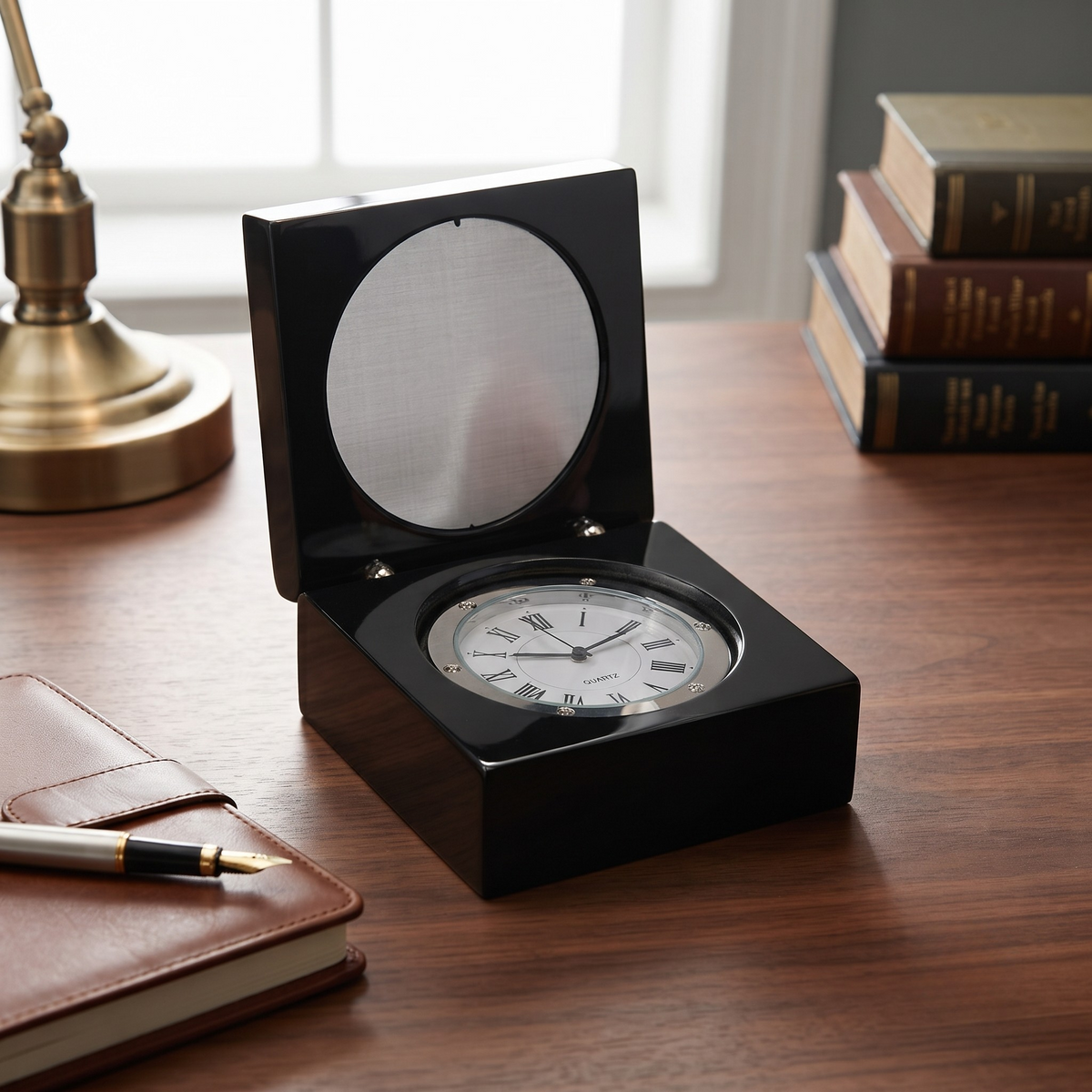 Black square wood clock box with piano finish, silver-trim quartz clock, and 2.25-inch round engraving plate, 2.875 × 2.875 × 1.5 inch, gift boxed.