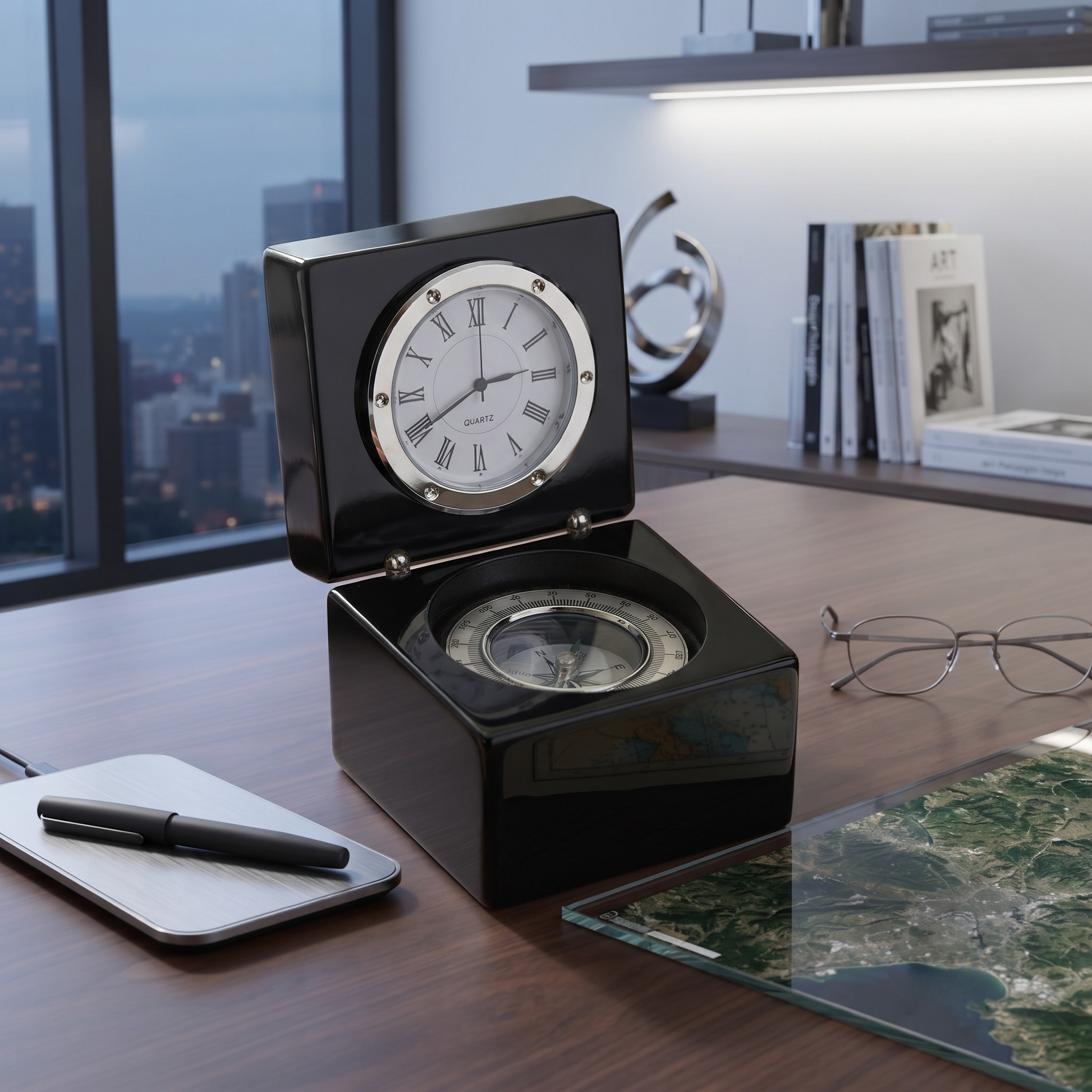 Black square wood box with silver clock and compass, 2.875 × 2.875 × 2.75 inch, gift boxed.