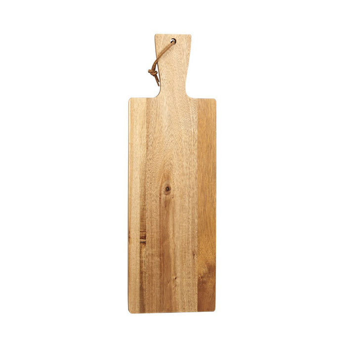 An Acacia Wood Handled Bread Board with a brown leather tie on a white background.