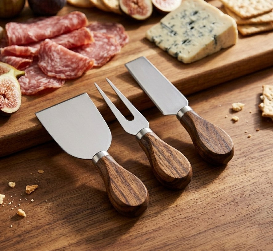 3-Piece Cheese Knife Set - Stainless Steel & Dark Acacia Wood