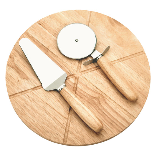 14" Wooden Pizza Board with Precision Cutting Wheel & Server