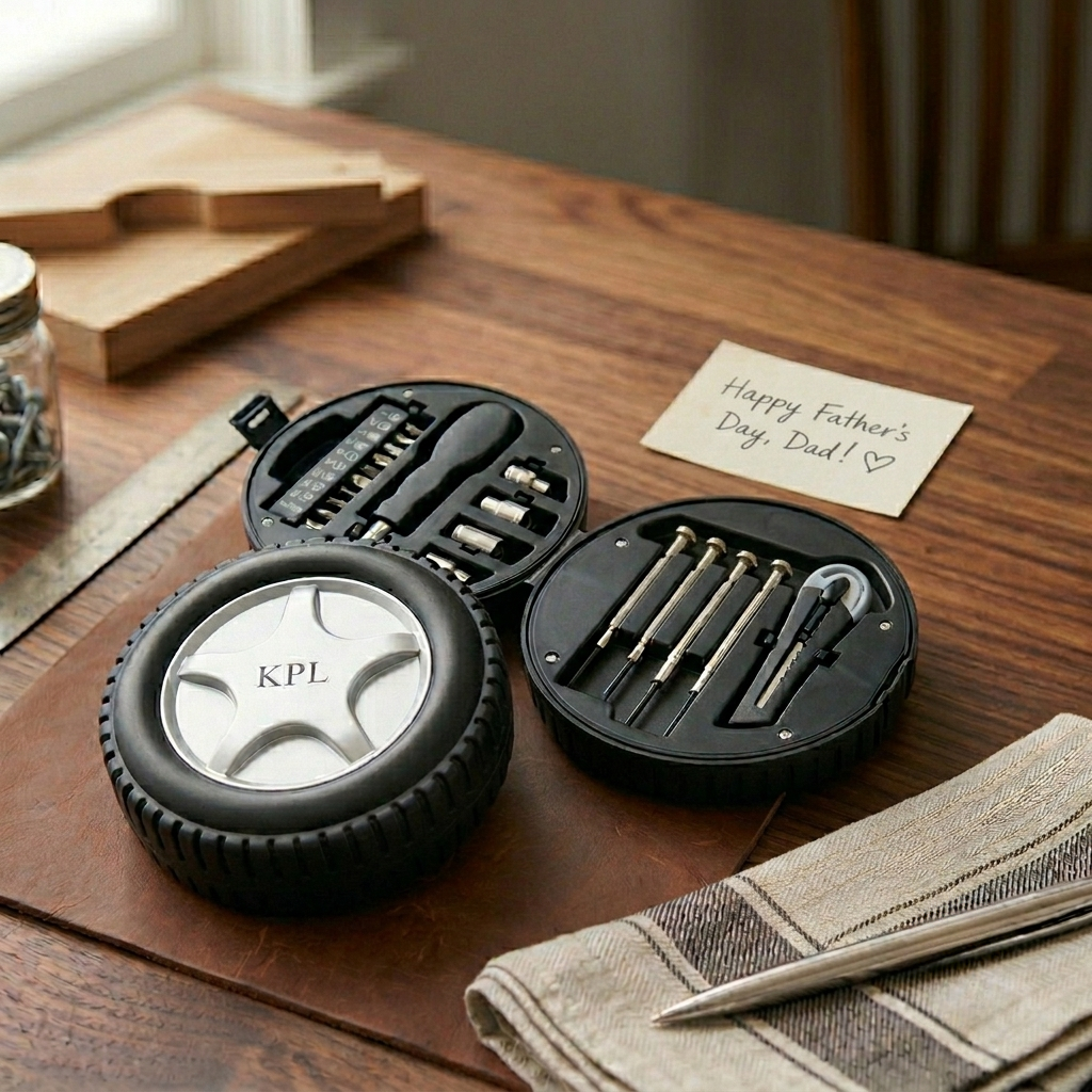 Tire-shaped 20-piece tool set featuring screwdrivers, screwdriver bits, sockets, and a utility knife, packaged in a photo gift box and making a useful Father's Day gift.