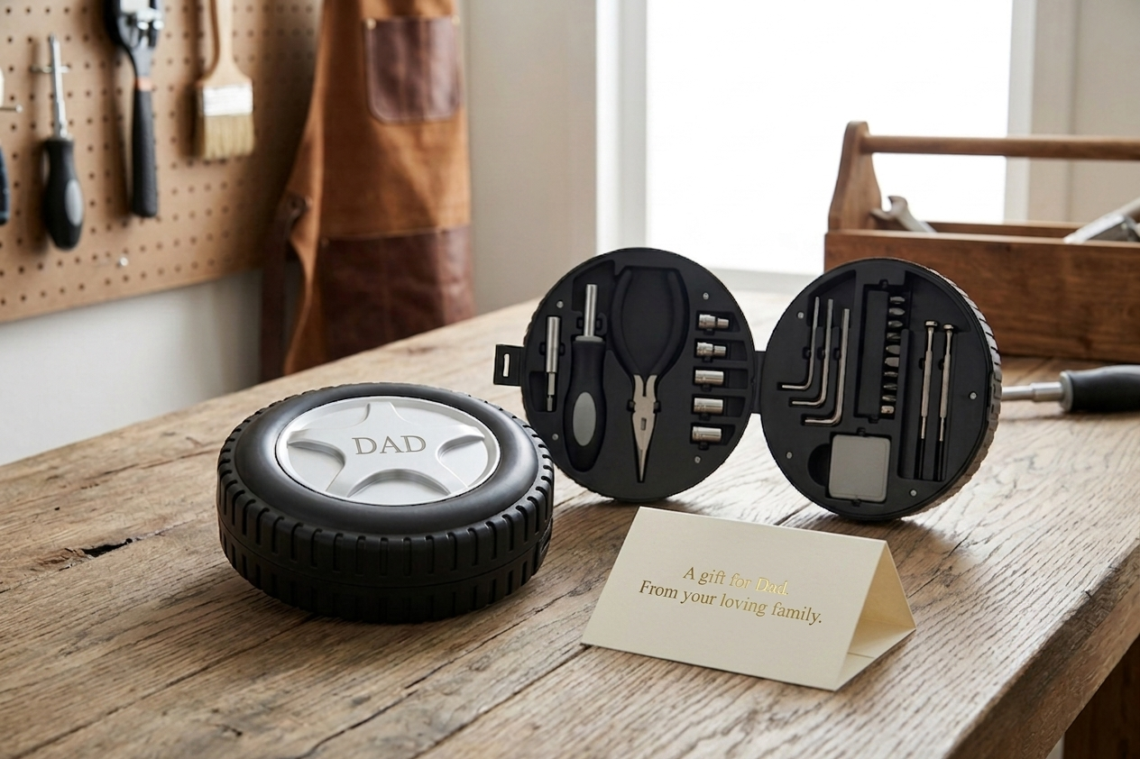 Personalized 24-piece tire-shaped tool set with screwdrivers, bits, sockets, hex keys, pliers, and a soft ruler, making a practical Father's Day gift for dads, DIY enthusiasts, and car lovers.