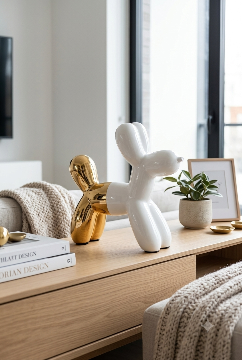 White and gold balloon dog bank with electroplated finish, 8.5 inch decorative coin bank featuring modern pop art design for kids' rooms and home décor.

