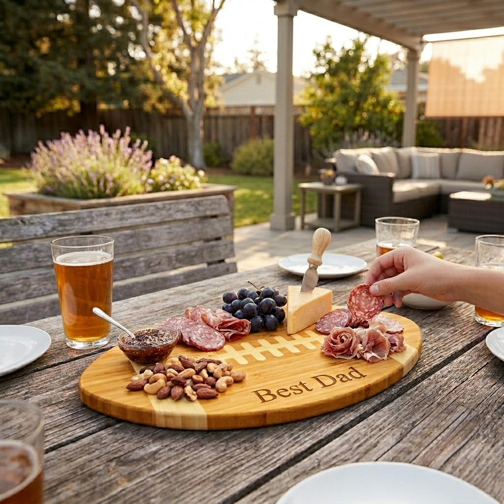 Bamboo football-shaped cutting board, 15" x 8.5", a unique Father's Day gift for football fans, perfect for serving snacks, appetizers, and game-day treats.