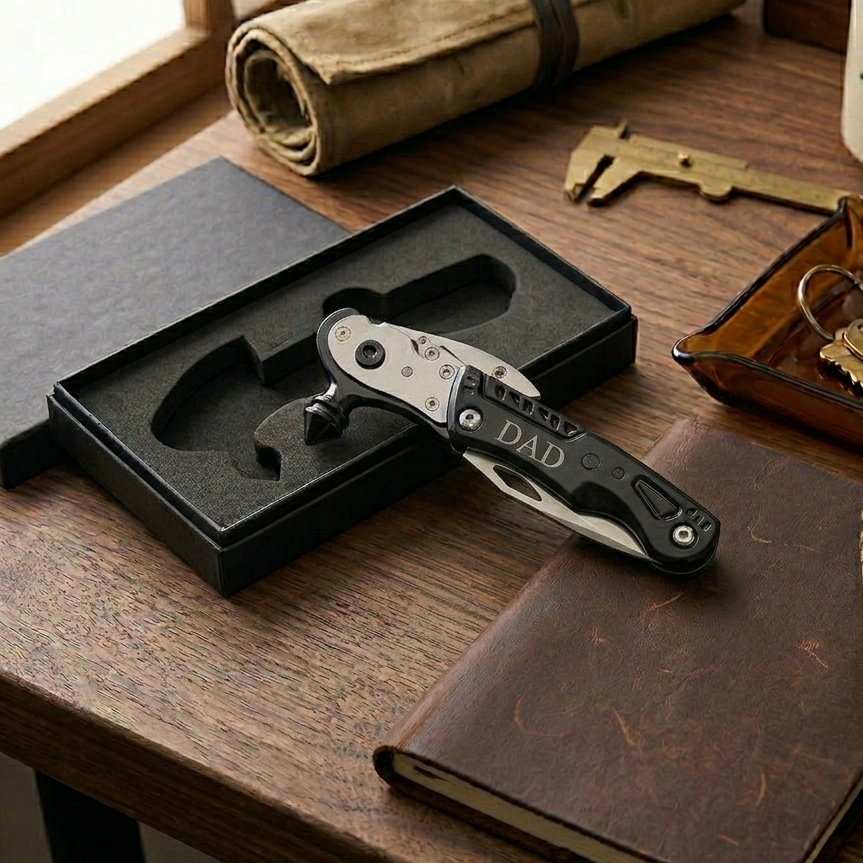 Personalized black emergency multi-tool with glass breaker, seat belt cutter, LED light, and utility tools, a useful Father's Day gift for Dad.