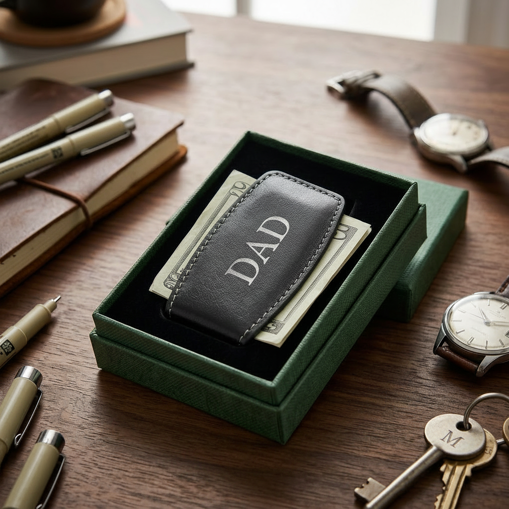 Black Leather Money Clip with embedded magnets for secure cash storage, featuring genuine leather construction and detailed stitching, making a practical and stylish Father's Day gift.