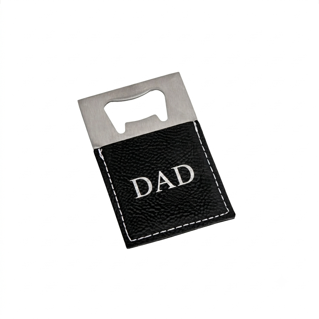 Black leatherette and stainless steel bottle opener with a sleek design, silver engraving option, and gift box packaging, making it a unique Father's Day gift.